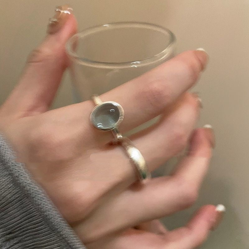 Womens Open Ring With Natural Stone And Tiny Silver Beads