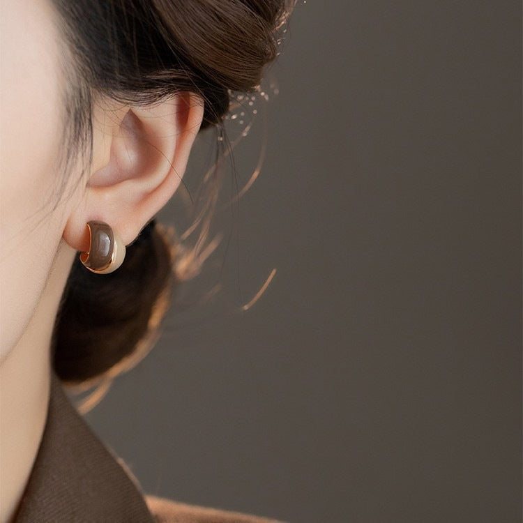French Retro Milk Coffee Colorblock Dripped Glaze Earrings For Women