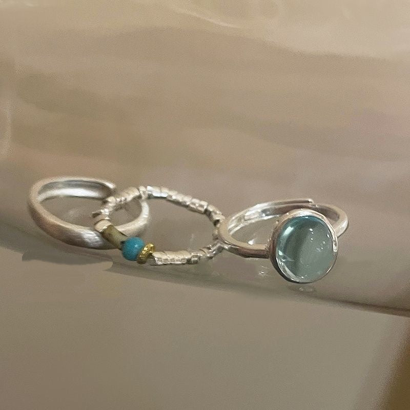 Womens Open Ring With Natural Stone And Tiny Silver Beads