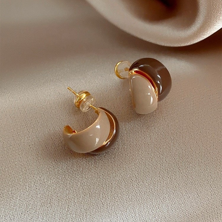 French Retro Milk Coffee Colorblock Dripped Glaze Earrings For Women
