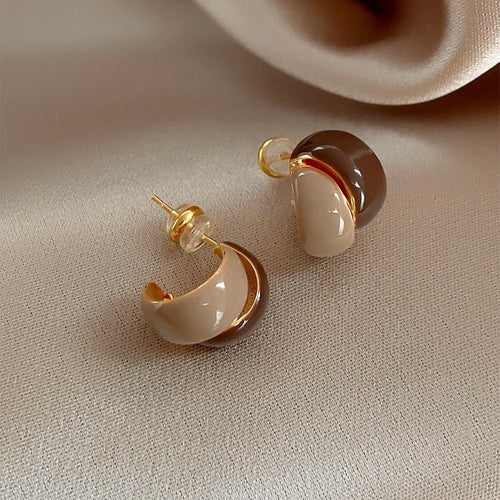 French Retro Milk Coffee Colorblock Dripped Glaze Earrings For Women
