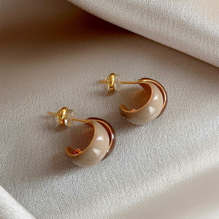 French Retro Milk Coffee Colorblock Dripped Glaze Earrings For Women