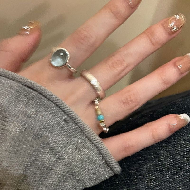 Womens Open Ring With Natural Stone And Tiny Silver Beads