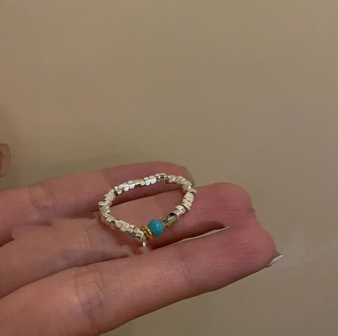 Womens Open Ring With Natural Stone And Tiny Silver Beads
