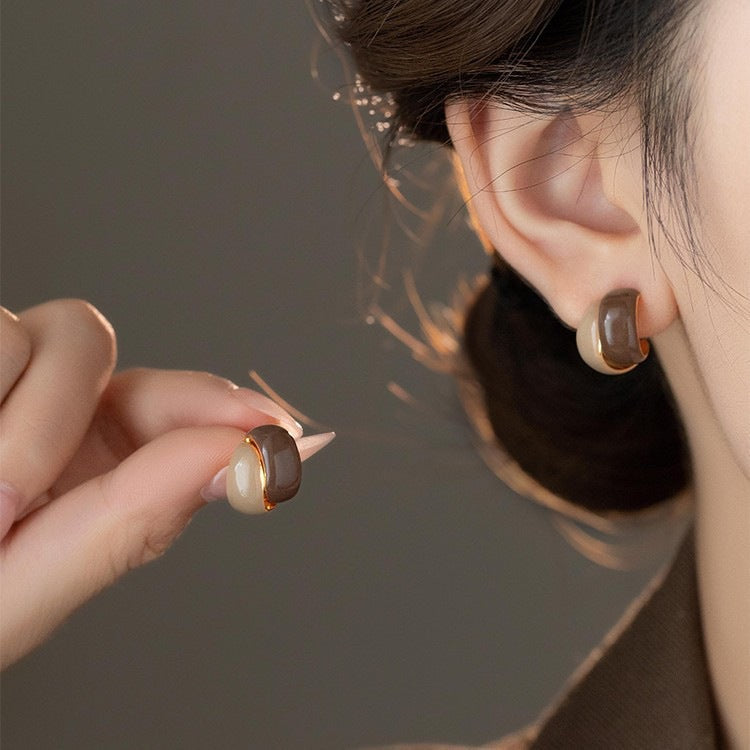 French Retro Milk Coffee Colorblock Dripped Glaze Earrings For Women